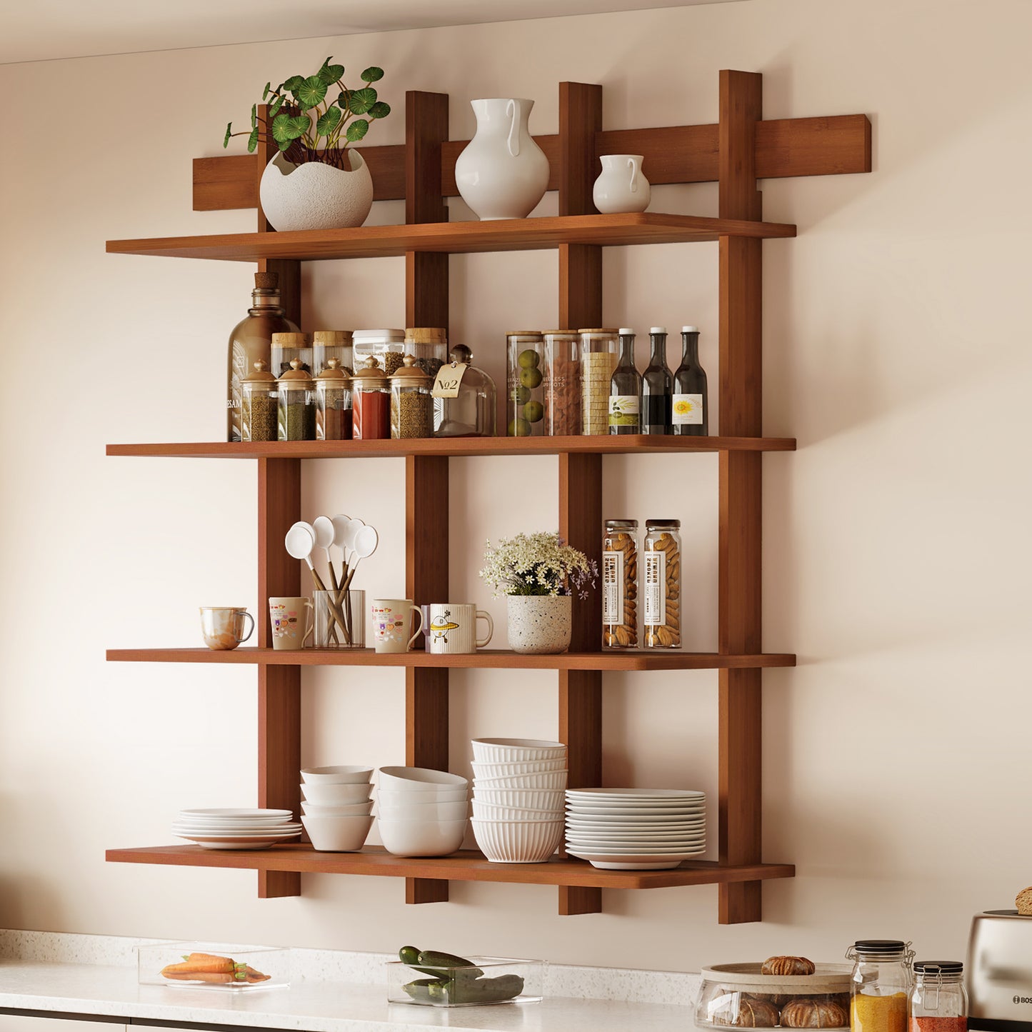 4-Tier Wall Mounted Bamboo Bookshelf