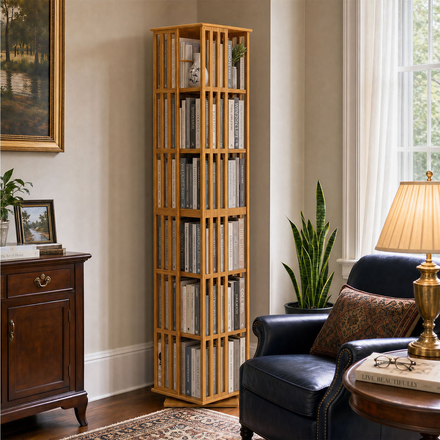 Lauxery 6-Tier Bamboo Rotating Bookshelf Tower