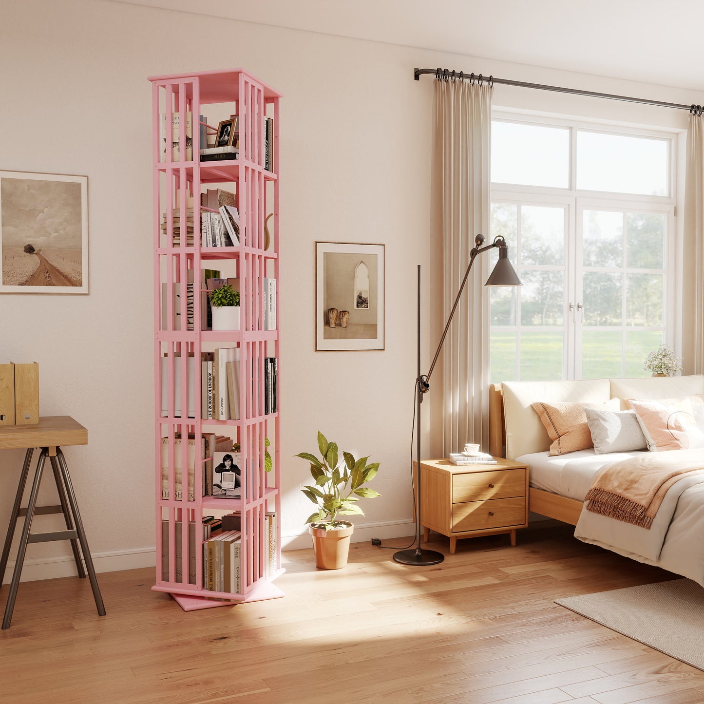 Lauxery 6-Tier Bamboo Rotating Bookshelf Tower