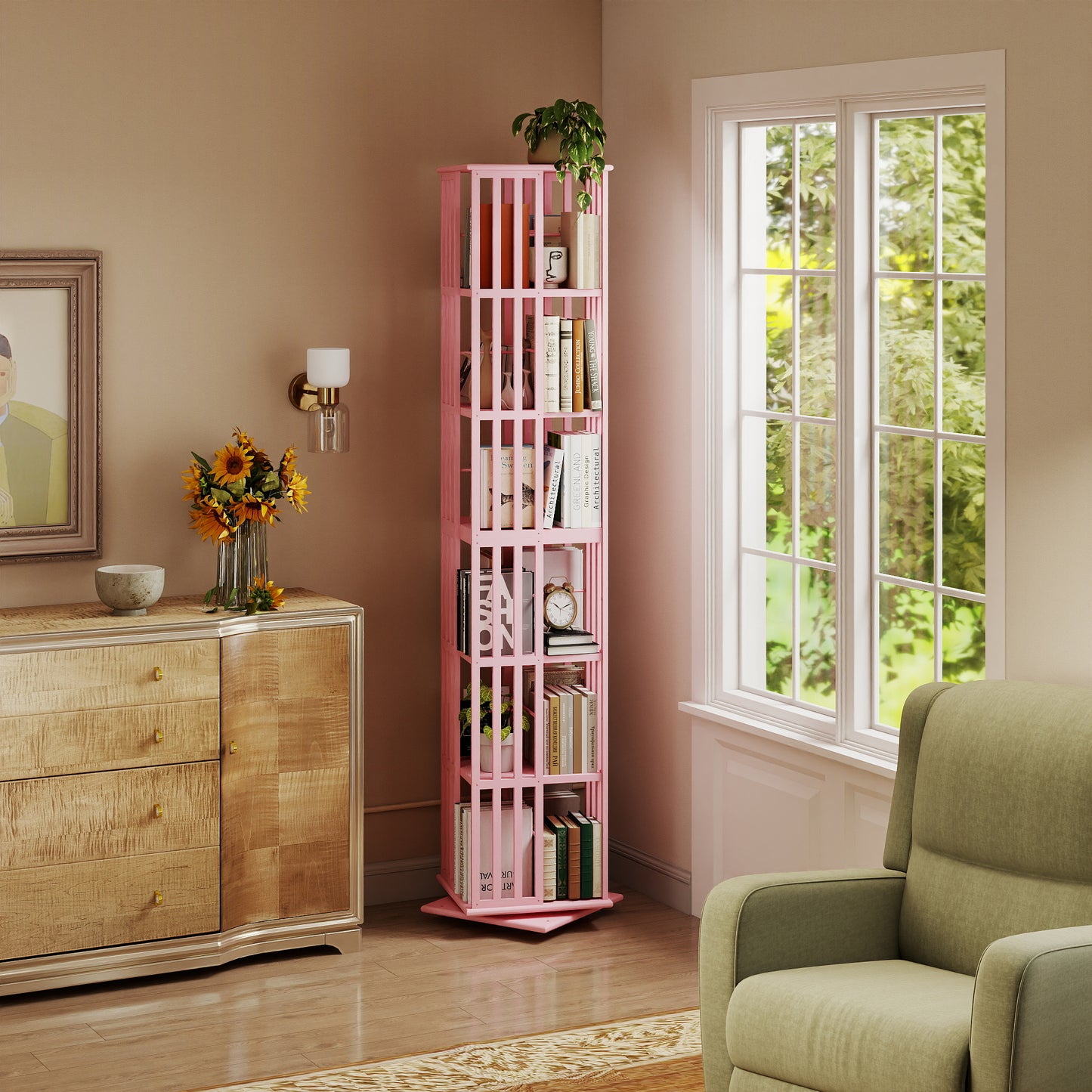 Lauxery 6-Tier Bamboo Rotating Bookshelf Tower